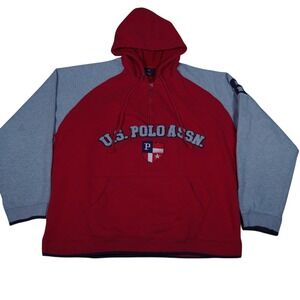 U.S. Polo Assn Hoodie L Red Gray‎ Spellout Crest Logo Colorblock Mens Zip